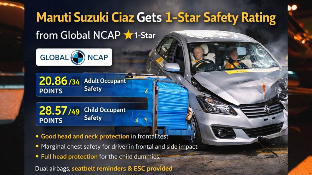 Maruti Suzuki Ciaz Gets 1-Star Safety Rating from Global NCAP